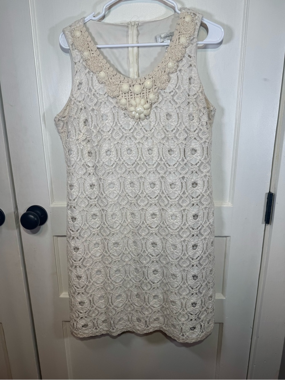 dressbarn Cream Crochet Shift Dress with Beaded Collar